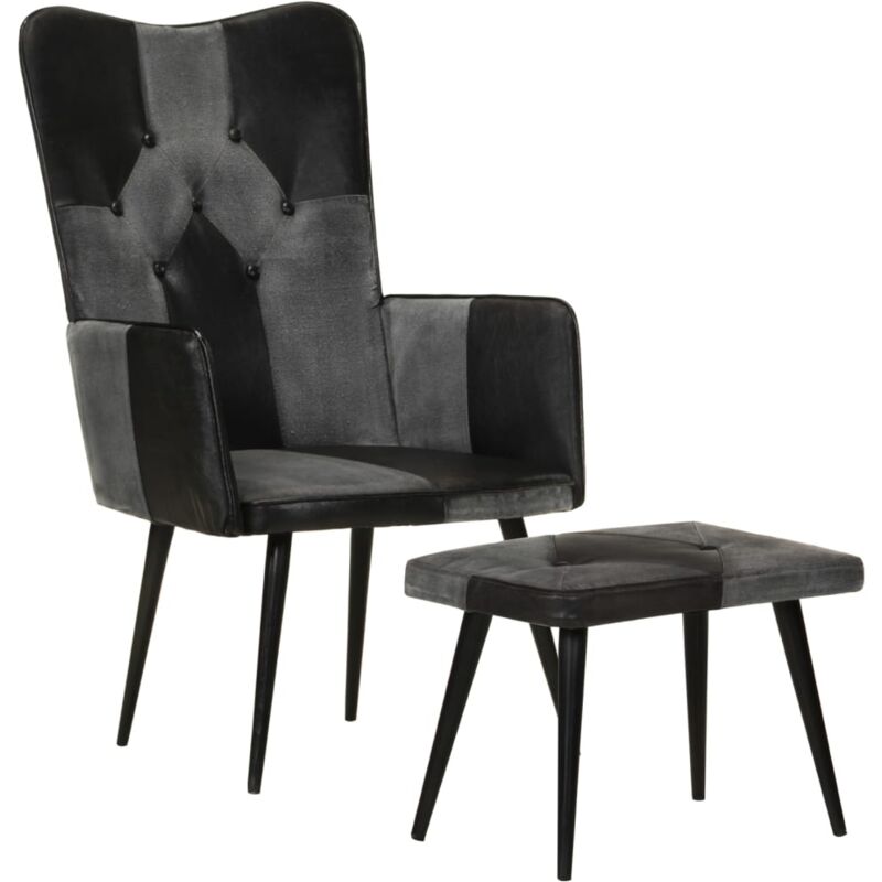 Fauteuil avec repose-pieds Noir Cuir véritable et toile vidaXL