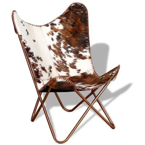 Chaise papillon en cuir véritable, design rétro scandinave, assise confortable avec dossier ergonomique – Blanc et Brun