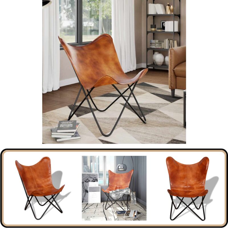 Chaise papillon Marron Cuir véritable - Fauteuil Papillon - Chaise Papillon - Cuir Véritable - Fauteuil Vintage - Décoration Intérieure
