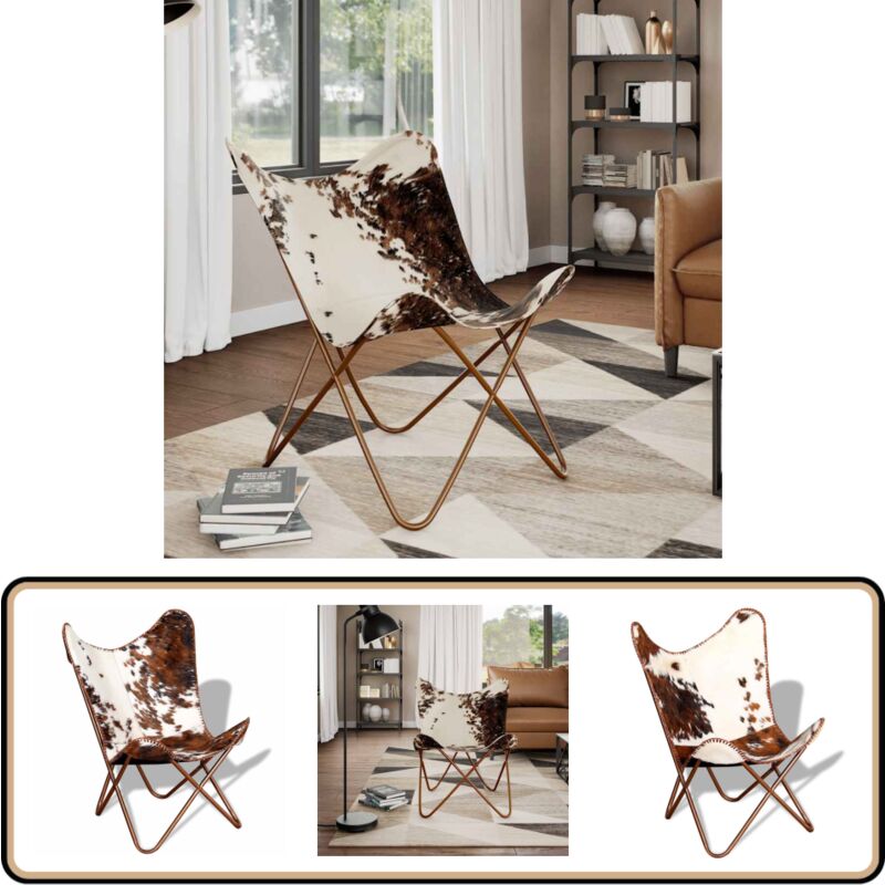 Vidaxl - Chaise papillon marron et blanc cuir de vache - Fauteuil Papillon - Chaise Papillon - Fauteuil Vintage - Cuir Véritable - Chaise En Cuir