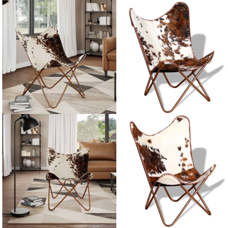 Chaise papillon marron et blanc cuir de vache - Fauteuil Papillon - Chaise Papillon - Fauteuil Vintage - Cuir Véritable - Chaise En Cuir - Home &