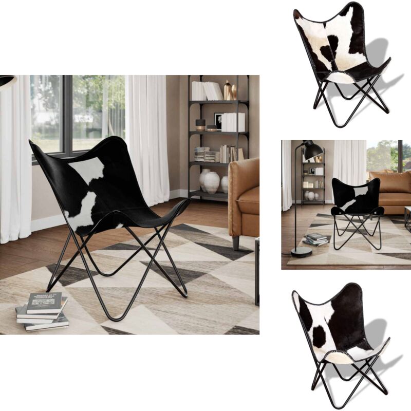 Chaise papillon noir et blanc cuir de vache - Fauteuil Papillon - Chaise Papillon - Fauteuil Vintage - Fauteuil Cuir - Chaise En Cuir