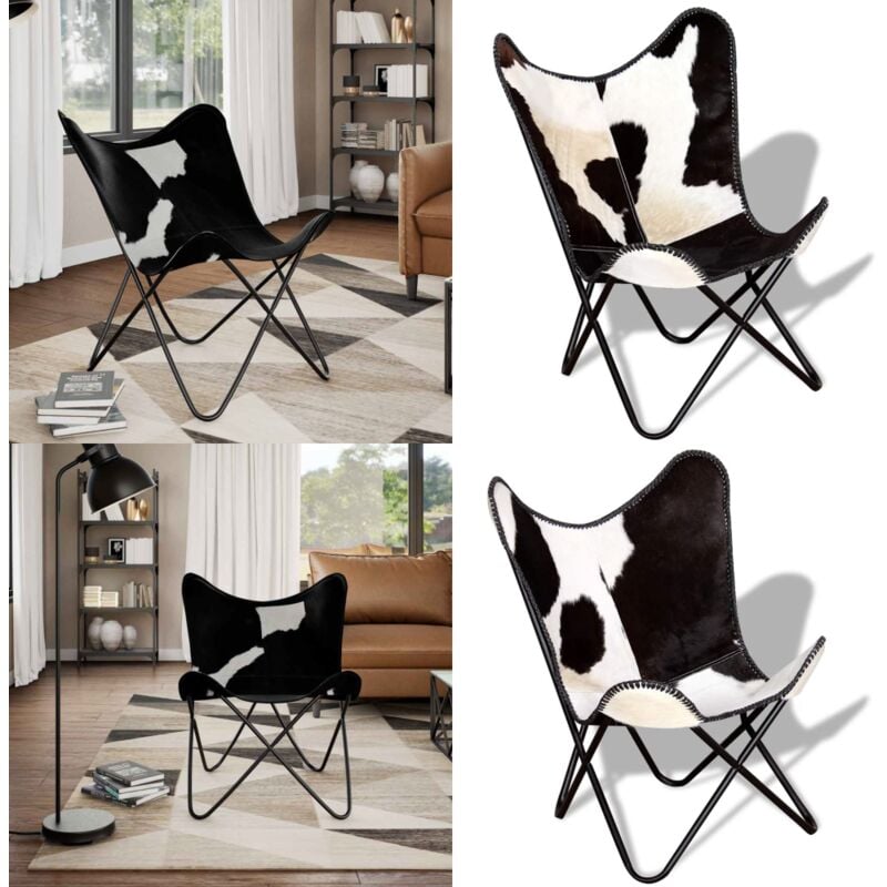 Vidaxl - Chaise papillon noir et blanc cuir de vache - Fauteuil Papillon - Chaise Papillon - Fauteuil Vintage - Fauteuil Cuir - Chaise En Cuir - Home