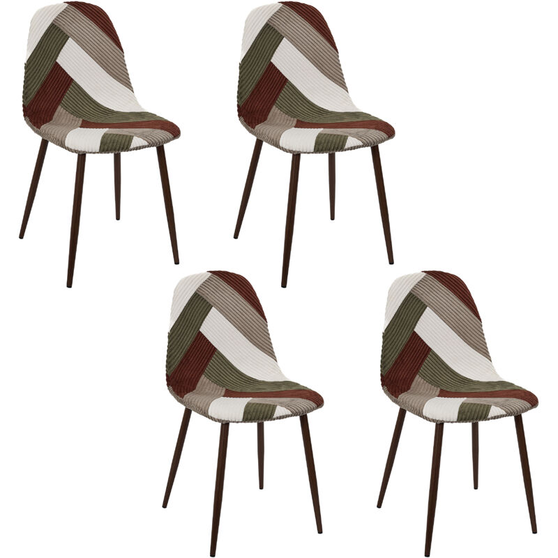 The Home Deco Factory – Lot de 4 chaises patchwork côtelé Scott – Assise galbée pour confort optimal – Pieds en bois foncé pour style moderne