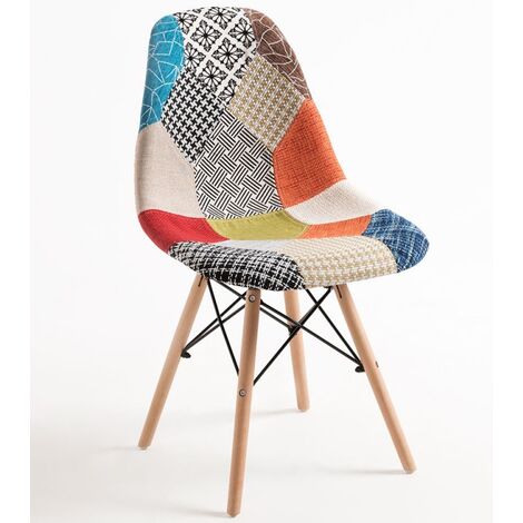 Chaise patchwork multicouleurs clair pieds hêtre massif clair Iles