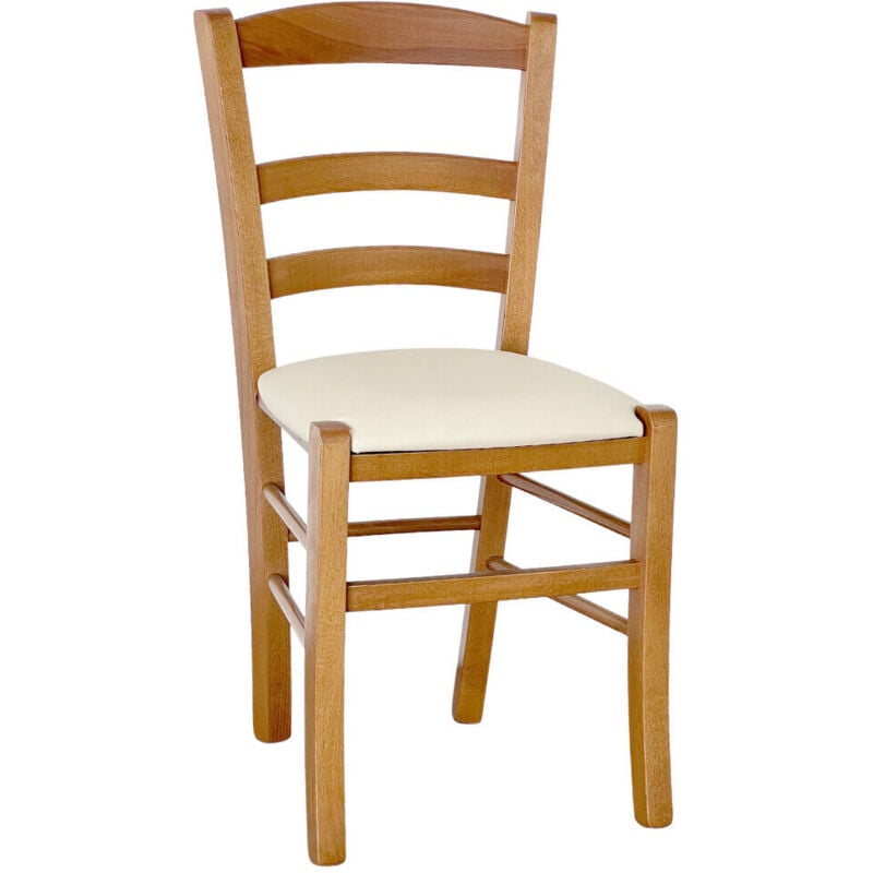 Okaffarefatto - Chaise paysanne en bois de noyer clair avec assise en similicuir beige