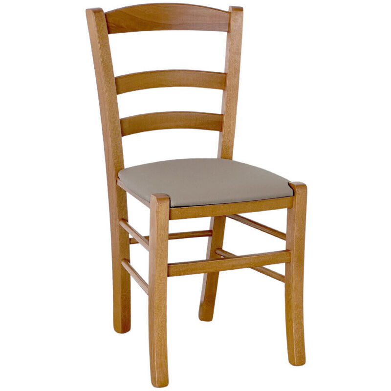 Okaffarefatto - Chaise paysanne en bois de noyer clair avec assise rembourrée en similicuir gris tourterelle