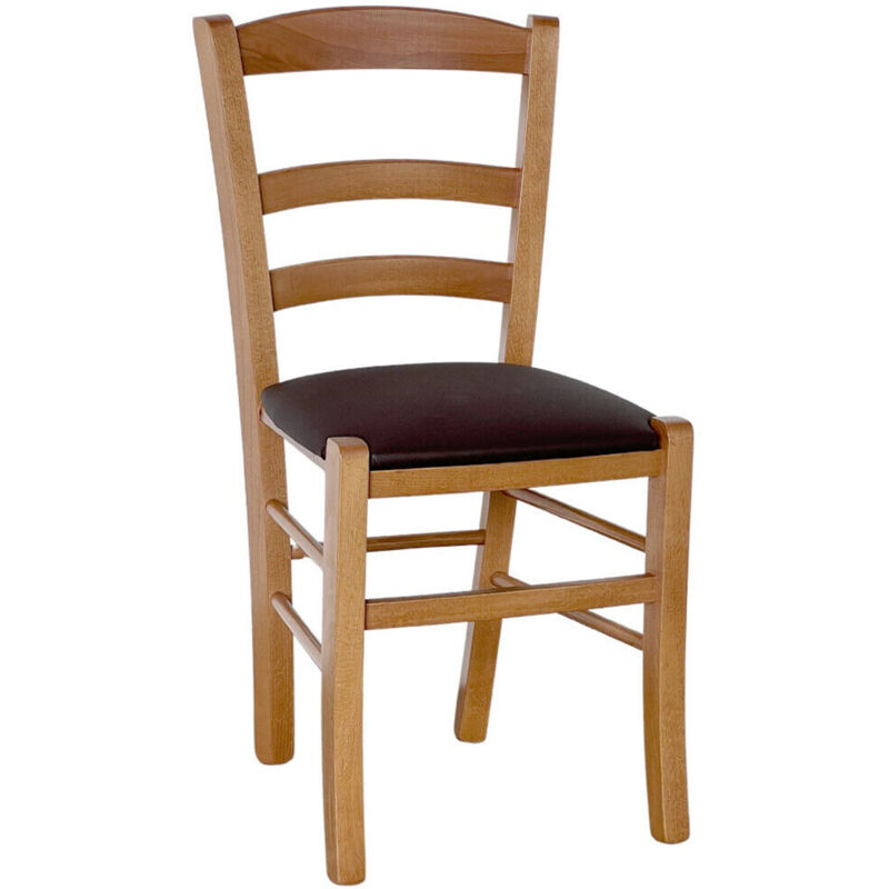 Okaffarefatto - Chaise paysanne en bois de noyer clair avec assise rembourrée en similicuir marron