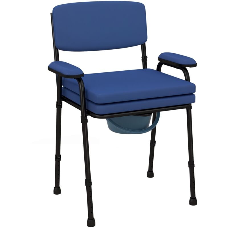 Chaise percée réglable - chaise de toilette - seau amovible pliable, coussin, accoudoirs - acier noir PVC bleu