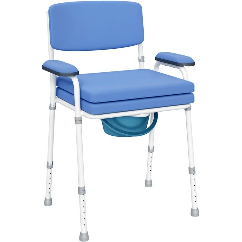 Chaise percée réglable - chaise de toilette - seau amovible pliable, coussin, accoudoirs - acier blanc pvc bleu