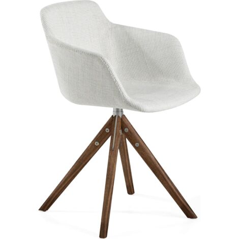 Chaise pivotante à 360º pieds bois massif assise rembourrée tissu - Crème, teinte noyer