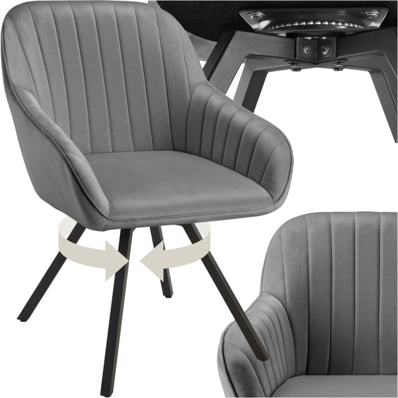 Tectake - Chaise pivotante à 360° avec accoudoirs en velours rembourrée gris
