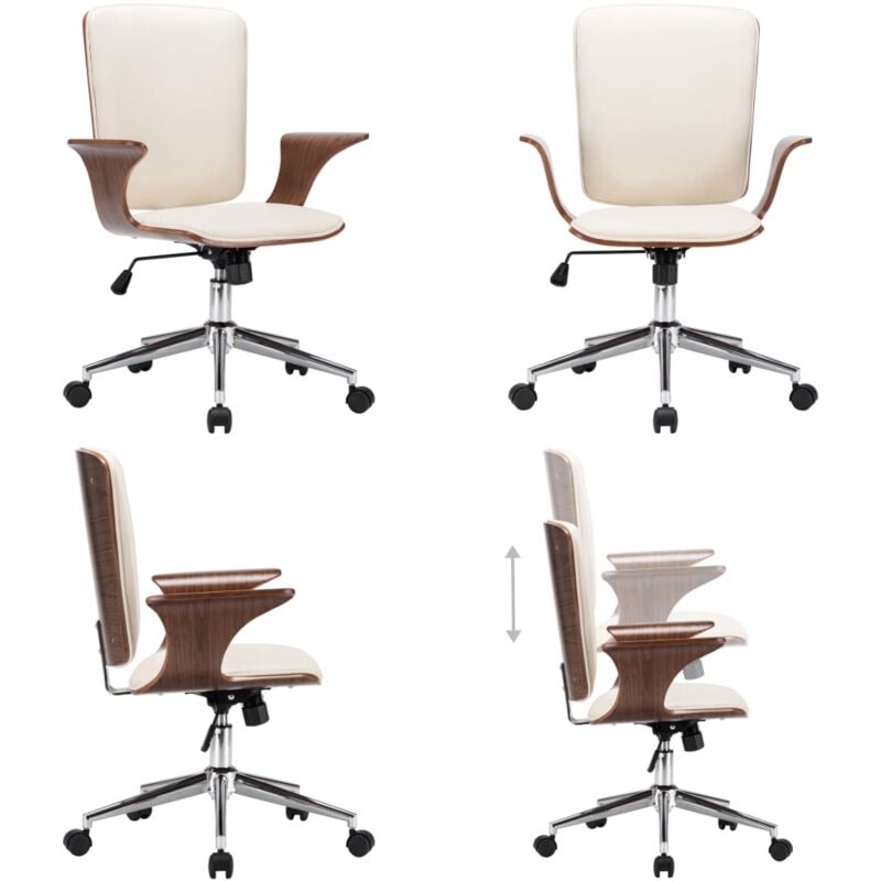 Chaise pivotante de bureau Crème Similicuir et bois courbé - Chaise De Bureau - Chaise Pivotante - Chaise Ergonomique - Meuble De Bureau - Mobilier