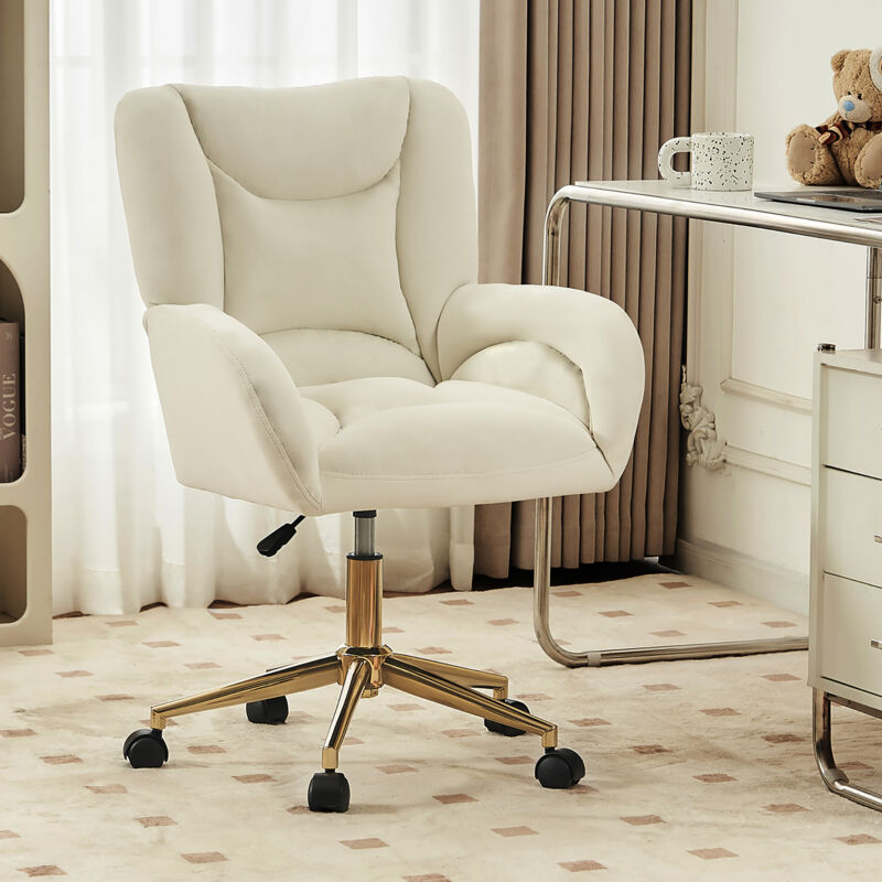 Chaise pivotante réglable en hauteur, pour bureau à domicile à l'intérieur, avec pieds dorés, en tissu velours, Beige