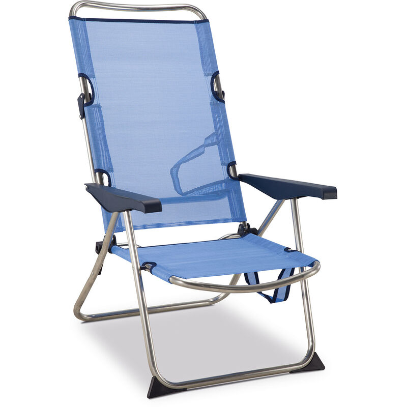 Solenny - Chaise de Plage Lit Pliable 4 Positions Bleu avec Accoudoirs 91x63x105 cm