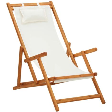 Chaise pliable de plage  Bain de soleil  Fauteuil de plage Bois d'eucalyptus solide et tissu Crème BSRHS355698