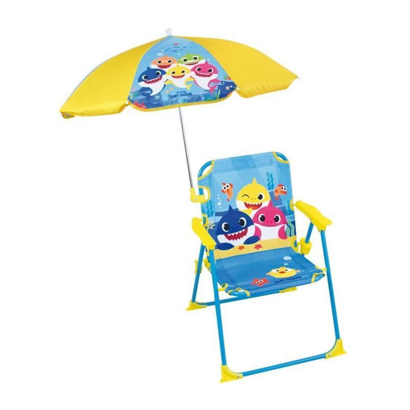 Fun house Baby Shark Chaise pliante camping avec parasol - H.38.5 xl.38.5 x P.37.5 cm + parasol ø 65 cm - Pour enfant