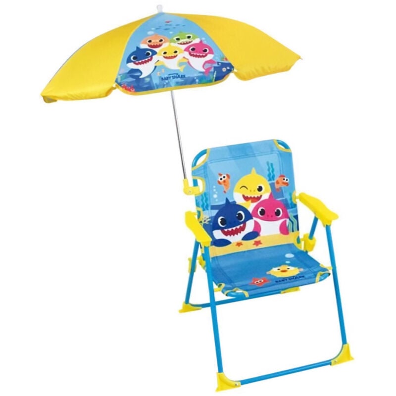 Baby Shark Chaise pliante camping avec parasol - H.38.5 xl.38.5 x P.37.5 cm + parasol ø 65 cm - Pour enfant - Fun House