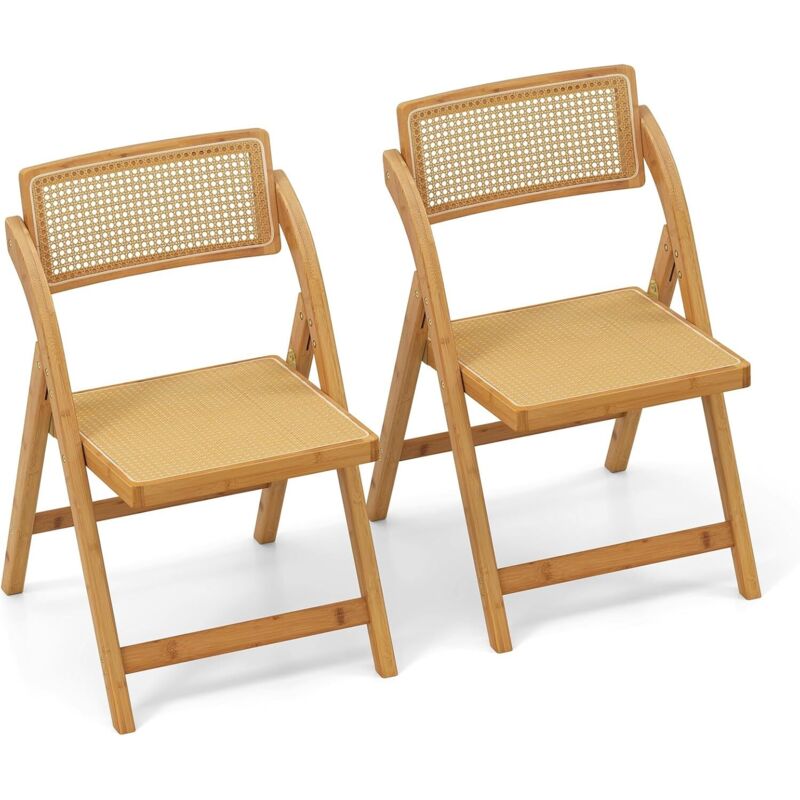 Costway - Chaise Pliante Bois Lot de 2, Assise en Rotin pp, Dossier Rotative, Chaise Pliante Interieur en Bambou, Design Cannage, Style Bohème,