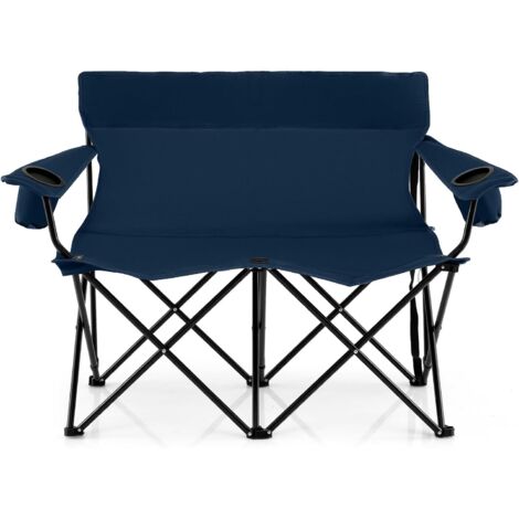 Chaise Pliante Camping à 2 Places, 132 x 66 x 96 cm, Charge 300 kg, Chaise de Jardin Exterieur, 2 Porte-Gobelets, Sac de Transport (Bleu)