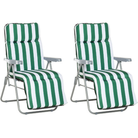 Chaise pliante de jardin, transat avec accoudoirs, 5 positions, coussin vert-blanc 60x75x102 cm pour extérieur & terrasse