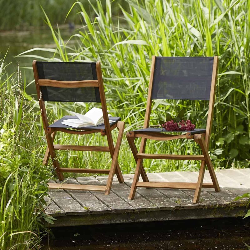 Chaise de jardin en acacia massif et textilène noir pliante (lot de 2) - Marron