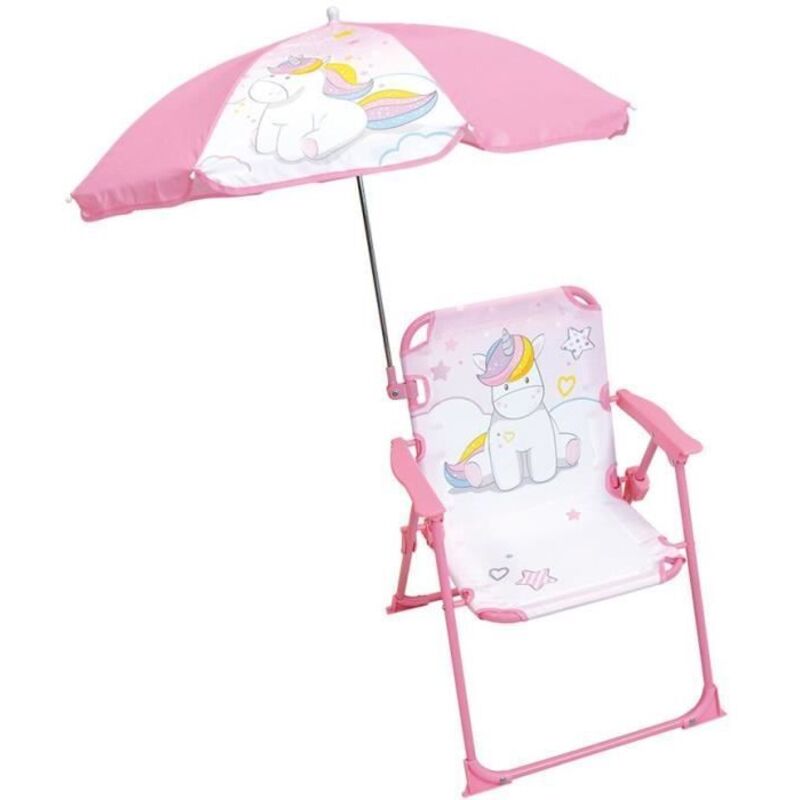 Fun house Licorne Chaise pliante camping avec parasol - H.38.5 xl.38.5 x P.37.5 cm + parasol ø 65 cm - Pour enfant