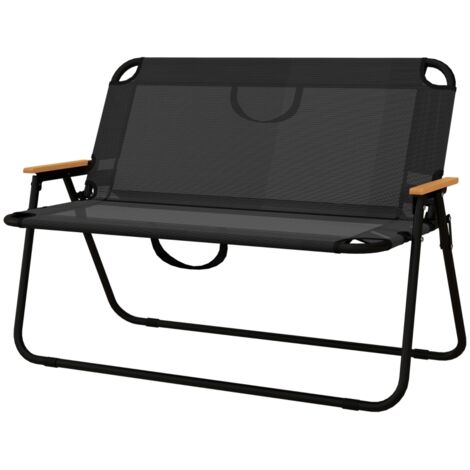 Chaise pliante respirante avec accoudoirs bois-plastique, 108x65x73cm, Noir-Naturel