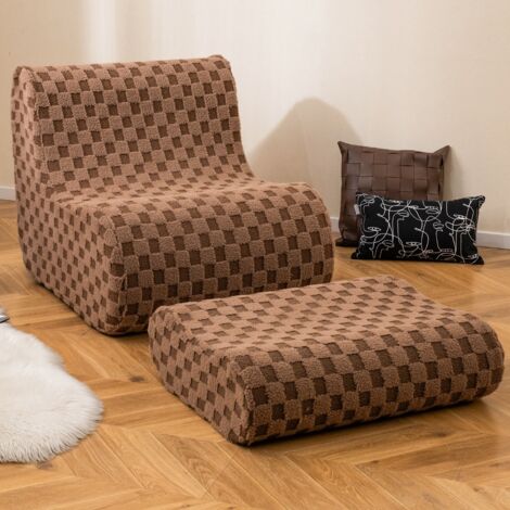 Chaise Pouf avec Ottoman avec Éponge à Haute Élasticité Fond Antidérapant & Housse en Velours Teddy Lavable en Machine Marron