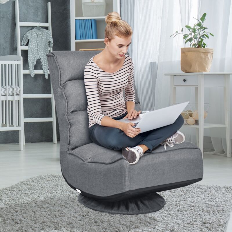 Chaise Relax Pliable Réglable 5 Positions Pivotant 360 Degrés Rembourrée Confortable Gris CW55830