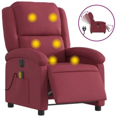Chaise relaxante électrique réglable en hauteur avec fonction de massage, tissu velours rouge vin, appui-tête et repose-pieds rétractables – pour salon ou bureau