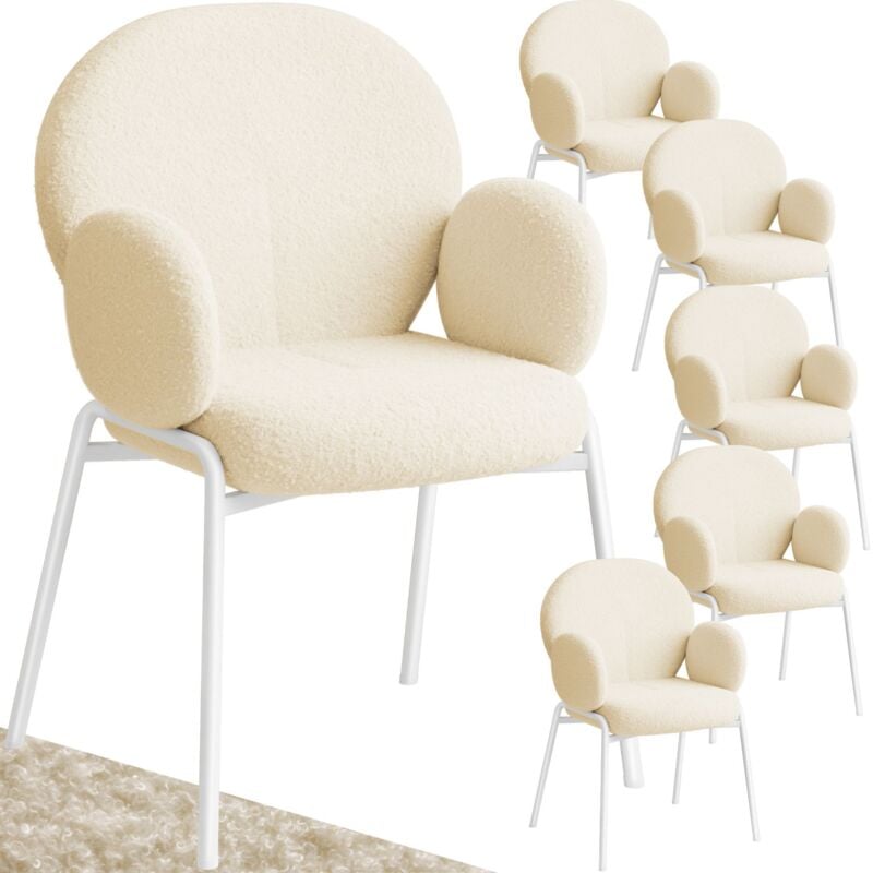 Tectake - Lot de 6 chaises rembourrées revêtement tissu bouclette crème