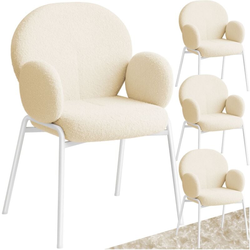 Lot de 4 chaises tissu bouclette avec accoudoirs confortables crème