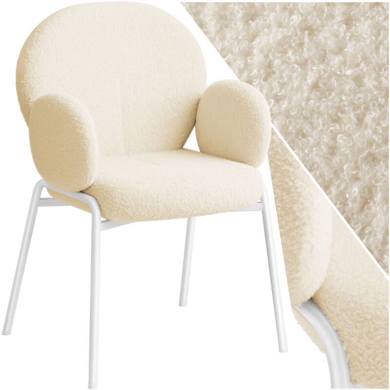 Tectake - Chaise rembourrée en tissu bouclette dossier haut et accoudoirs crème