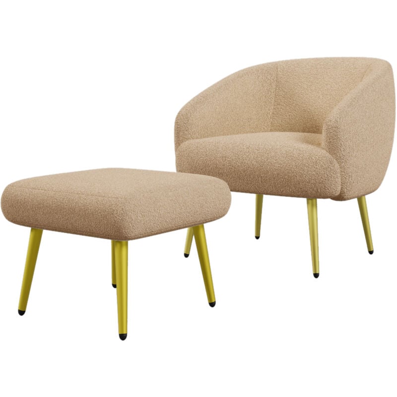 Chaise rembourrée Sherpa moderne avec repose-pieds – Fauteuil de salon, design ergonomique, pieds dorés, confort luxueux