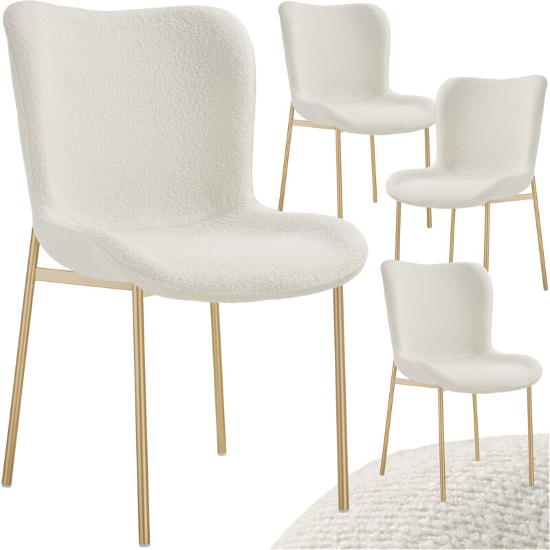 Tectake - 4 chaises rembourrées tissu bouclette ergonomiques Blanc/Doré