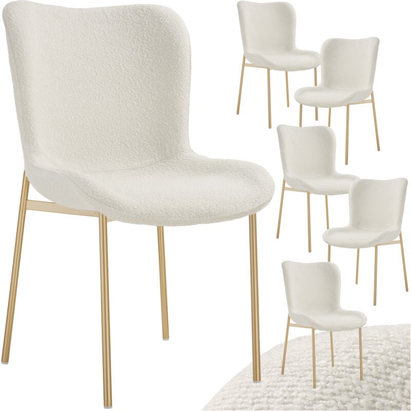 Tectake - 6 chaises rembourrées tissu bouclette ergonomiques blanc/doré