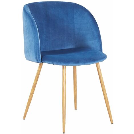 Chaise Rétro en Velours Bleu avec Pieds en Métal Décor Bois, Fauteuil Scandinave pour Salle à Manger