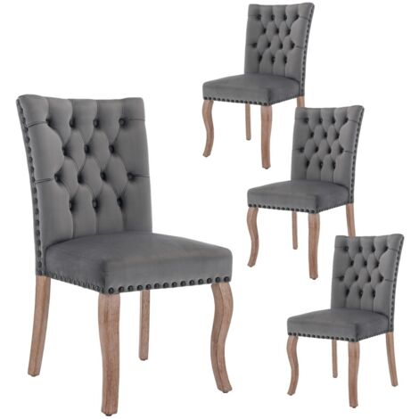 Chaise salle à manger 4 pièces velours gris - Dossier heurtoir, rembourrage clouté, pieds bois massif - Cuisine/salon