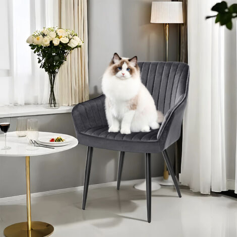 Chaise Salle à Manger, Fauteuil en Velours, Rembourrée, avec Accoudoirs, Charge Max. 120 kg, Pieds en Métal, pour Salle à Manger, Gris et Noir d'Encre