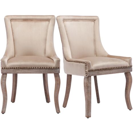 Chaise salle à manger luxueuse velours beige - 2 pièces - Rembourrée cloutée - Pieds bois massif - Cuisine/salon