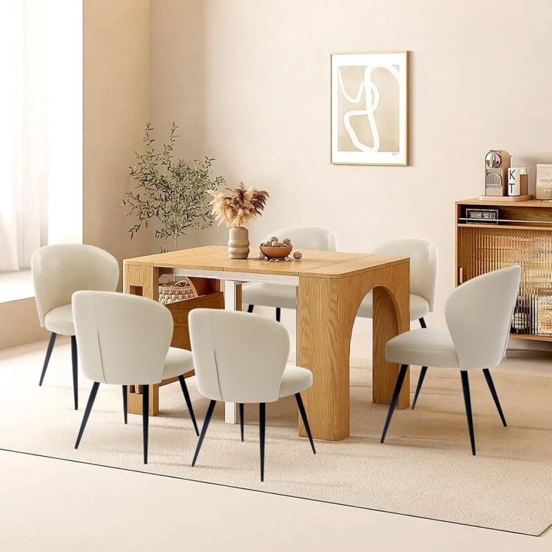 Hoerfuriy - Chaise salle a manger,LOT de 6,Chaises de cuisine modernes en cuir,Beige,à dossier incurvé avec pieds en acier,