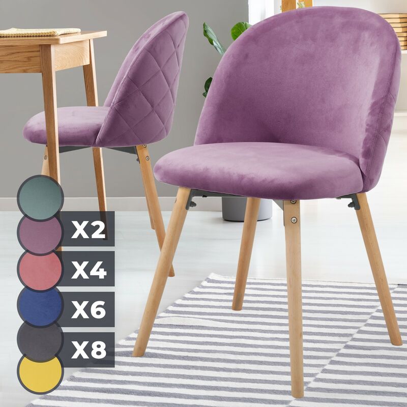 Chaise scandinave style moderne <strong>contemporain</strong> vintage en velours pieds bois hetre salle a manger cuisine salon violet-lot de 8