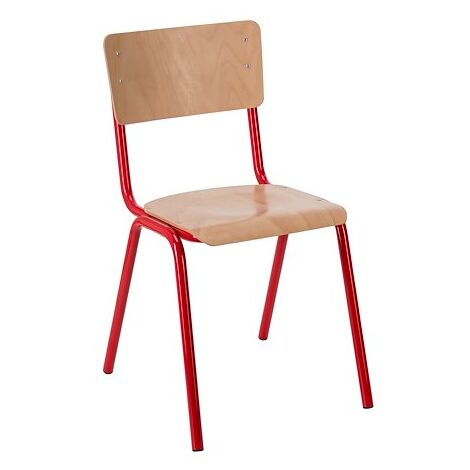 Chaise scolaire T6 color rouge – Lot de 4 – Assise en hêtre multiplis vernis – Piètement tube rond Ø 25mm – Poids 4,8 kg