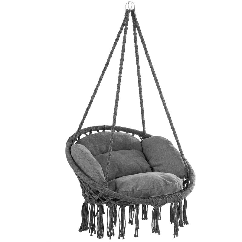 Detex - Chaise suspendue avec coussins fauteuil suspendu 1 personne hamac coton avec franges capacité 150kg intérieur extérieur Anthracite