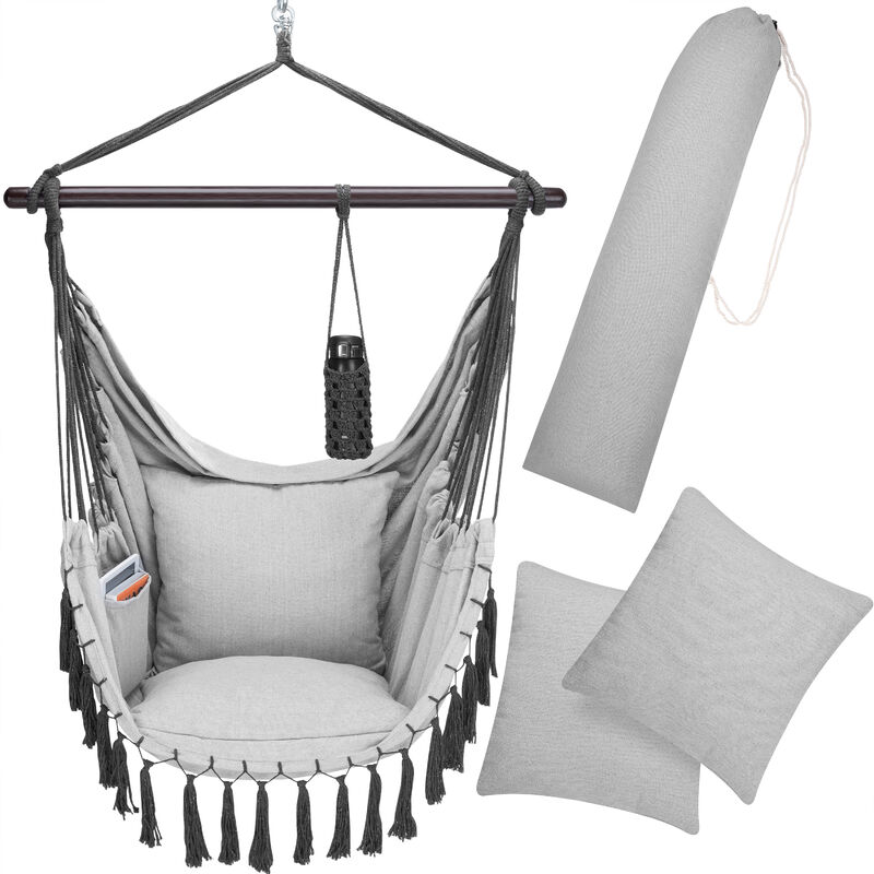 Chaise suspendue avec coussins fauteuil suspendu XL hamac coton avec franges capacité 150kg intérieur extérieur boho gris clair