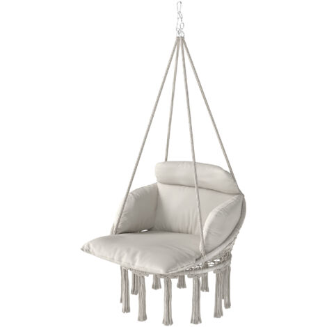 Chaise suspendue avec grand coussin rembourré hamac fauteuil suspendu à franges kit de suspension 80 x 60 x 40 cm crème