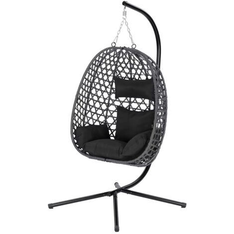 Chaise suspendue avec support métallique galvanisé, fauteuil hamac balançoire avec coussin d’assise et appui-tête, intérieur et extérieur, charge 150 kg, 102 × 100 × 196 cm, noir