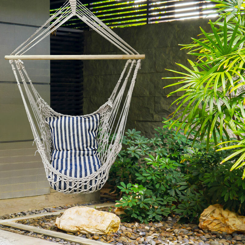 Etc-shop - Chaise suspendue chaise suspendue de jardin avec coussin d'assise hamac pour s'asseoir, coton bleu bois blanc, max 120 kg, LxP 60x70 cm