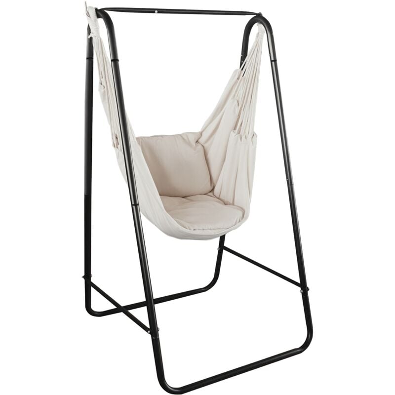 Chaise suspendue de jardin avec support et coussin acier noir coton beige